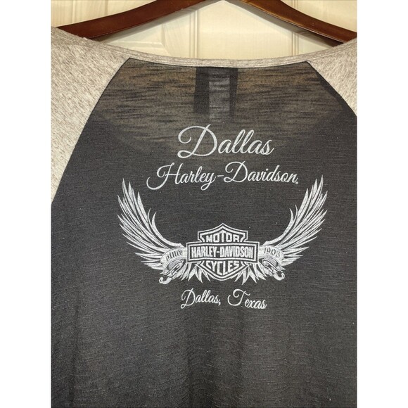 Harley-Davidson Dallas Tee Women’s XL Black Gray 3/4 Sleeve Angel Wings Logo - Picture 7 of 9